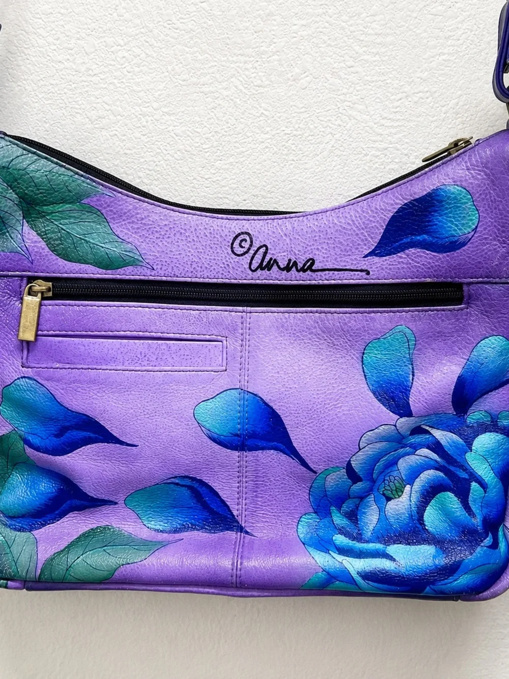 Anna by Anuschka “Precious Peony Eggplant” Hand Painted Leather Crossbody - Picture 13 of 13